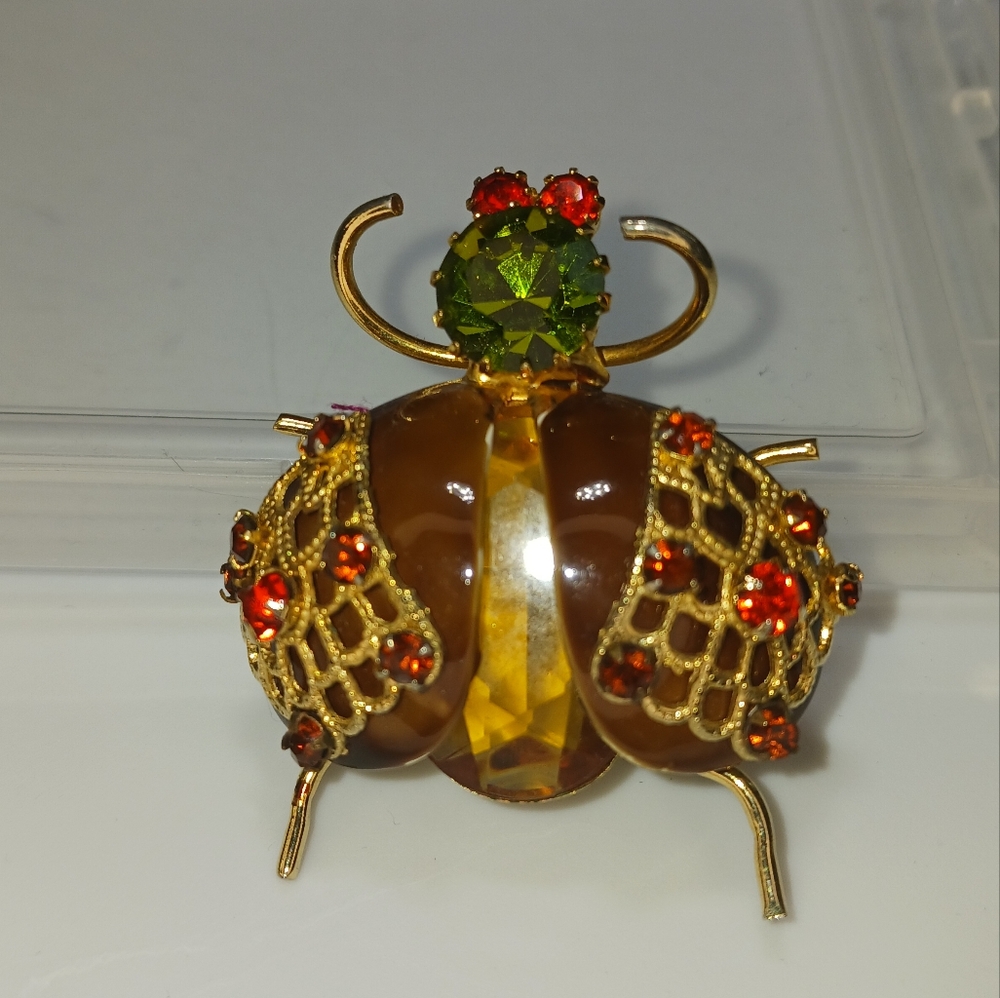 Vintage Insect Beetle Bug Rhinestone Brooch Pin Glass - Picture 15 of 16